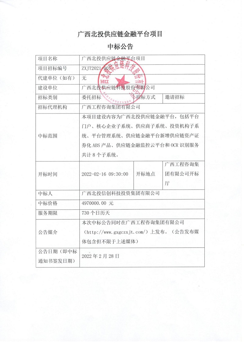 廣西北投供應(yīng)鏈金融平臺(tái)項(xiàng)目中標(biāo)公告
