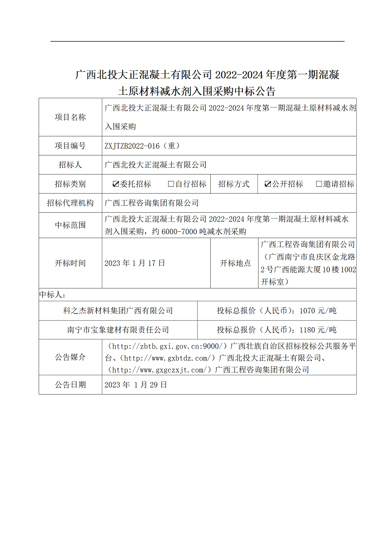 廣西北投大正混凝土有限公司2022-2024年度第一期混凝土原材料減水劑入圍采購(gòu)中標(biāo)公告