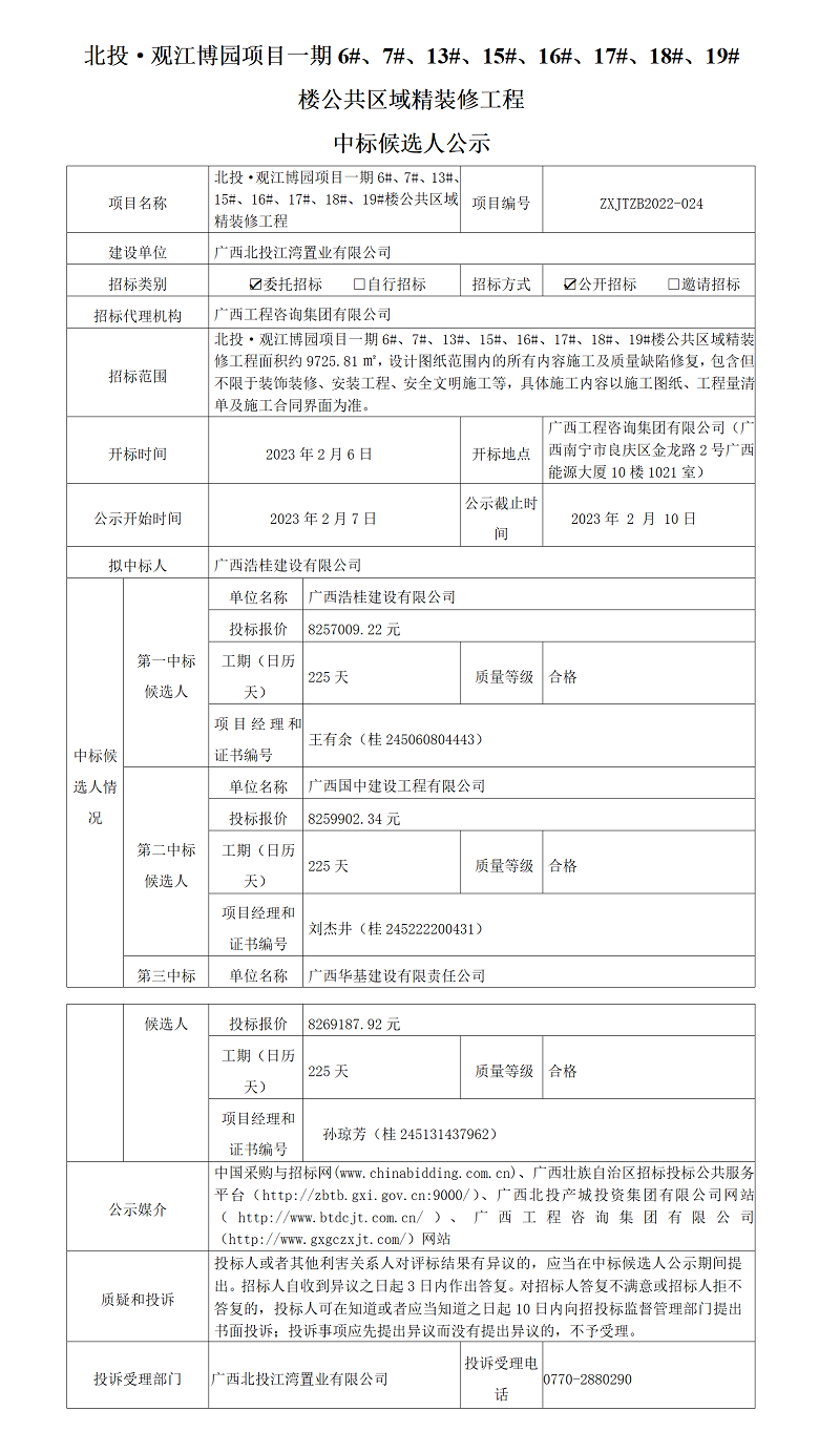 北投·觀(guān)江博園項(xiàng)目一期6#、7#、13#、15#、16#、17#、18#、19#樓公共區(qū)域精裝修工程中標(biāo)候選人公示